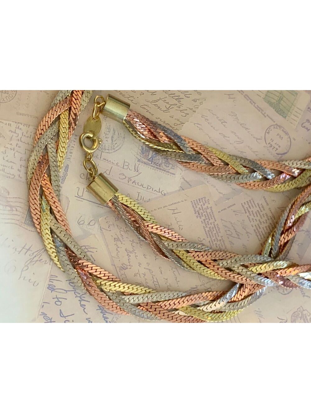 Vintage Tri-Color Braided Mixed Metal Herringbone Chain Necklace